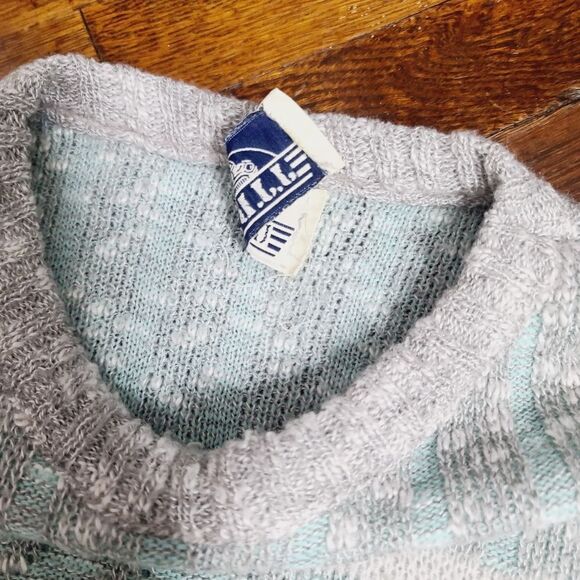 Vintage 80s 90s Mint Green Grey Striped Loose Knit Slouchy Sweater - Picture 4 of 12